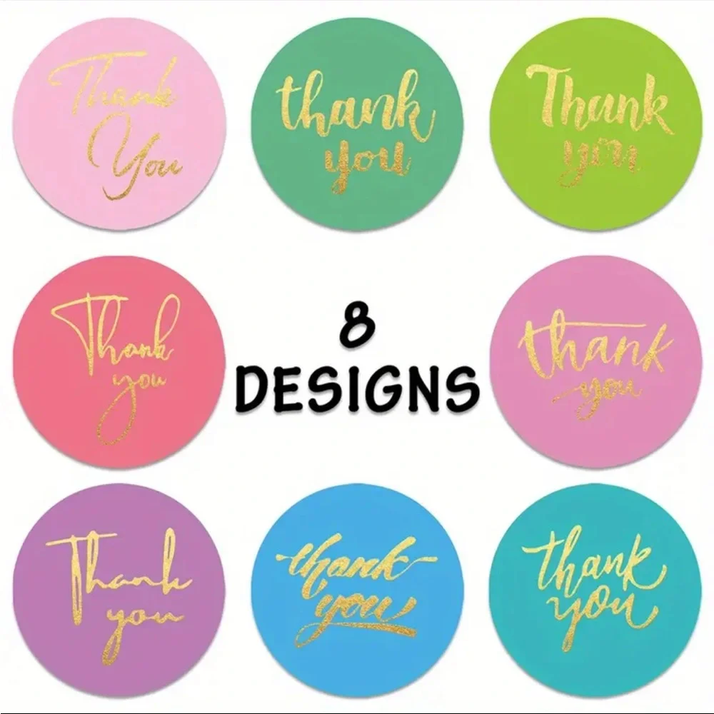 Roll of 500 Pastel Thank You Stickers Gold Cursive Letters.